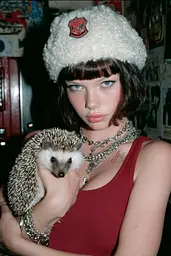Midjourney generated image using SREF code GlimmerDial: A woman in a red dress holding a hedgehog.