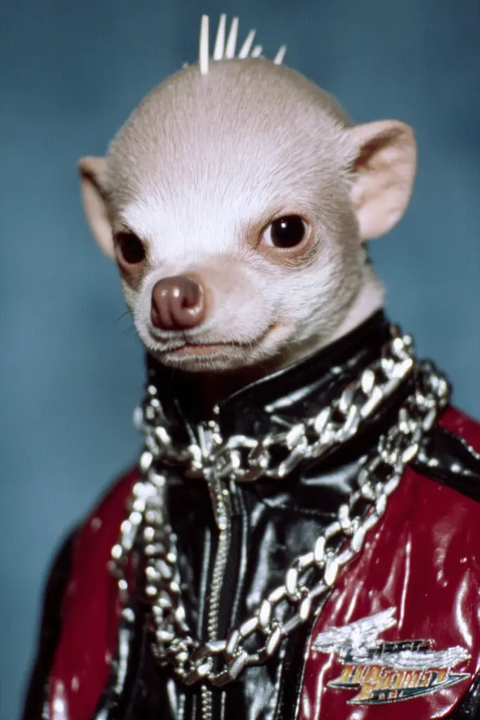 Midjourney generated image using SREF code GlimmerDial: A small white chihuahua wearing a leather jacket and a chain around its neck.