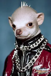 Midjourney generated image using SREF code GlimmerDial: A small white chihuahua wearing a leather jacket and a chain around its neck.