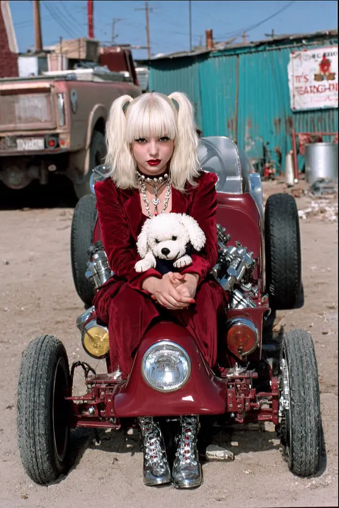 Midjourney generated image using SREF code GlimmerDial: A woman in a red dress sitting on a red car with a white dog.