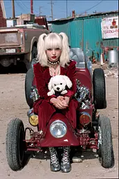 Midjourney generated image using SREF code GlimmerDial: A woman in a red dress sitting on a red car with a white dog.