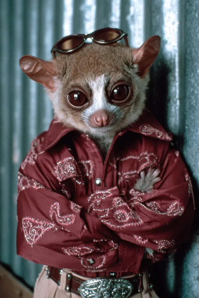 Midjourney generated image using SREF code GlimmerDial: A small animal wearing a red shirt and sunglasses.