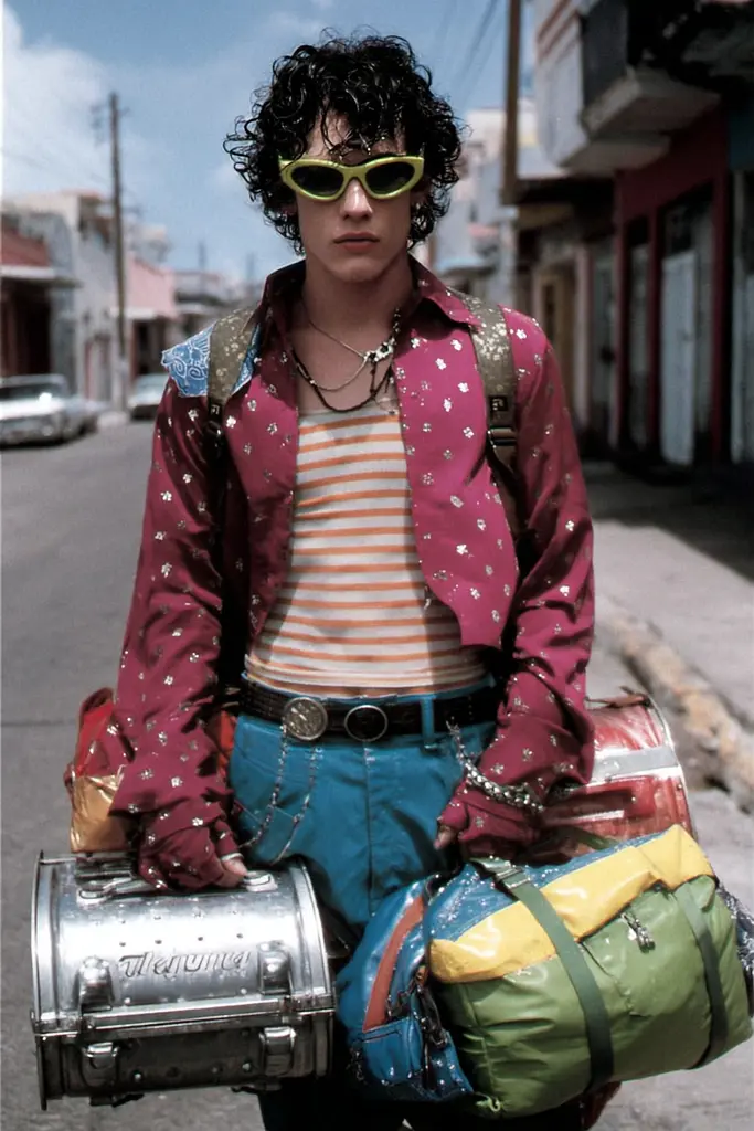 Midjourney generated image using SREF code GlimmerDial: A man in a red jacket and sunglasses carrying a suitcase.