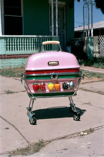 Midjourney generated image using SREF code GlimmerDial: A pink cart with fruit on it sitting on a sidewalk.