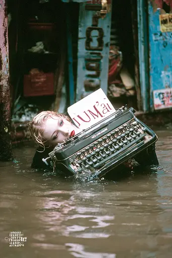 Midjourney generated image using SREF code GlimmerDial: A woman holding a typewriter in a flooded street.