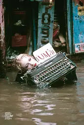 Midjourney generated image using SREF code GlimmerDial: A woman holding a typewriter in a flooded street.