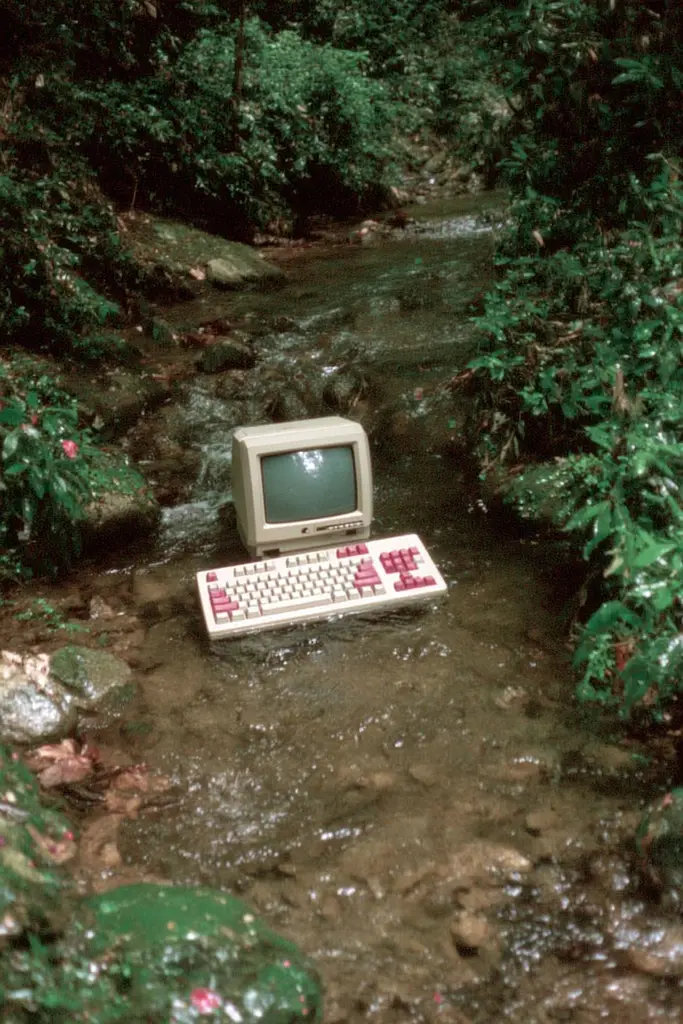 Midjourney generated image using SREF code GlimmerDial: A computer sitting in the middle of a stream.