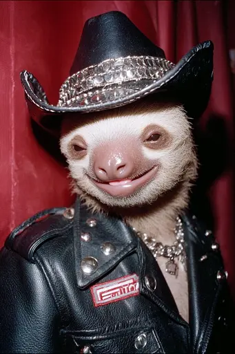 Midjourney generated image using SREF code GlimmerDial: A sloth wearing a cowboy hat and leather jacket.