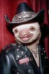 Midjourney generated image using SREF code GlimmerDial: A sloth wearing a cowboy hat and leather jacket.