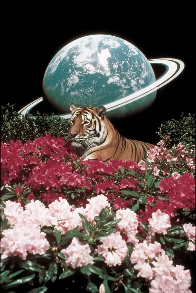 Midjourney generated image using SREF code GlimmerDial: A tiger laying in a field of flowers next to a planet.