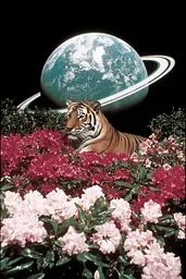 Midjourney generated image using SREF code GlimmerDial: A tiger laying in a field of flowers next to a planet.