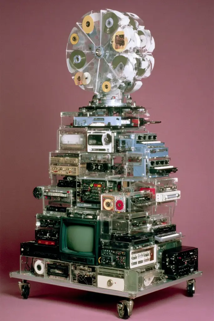 Midjourney generated image using SREF code GlimmerDial: A stack of electronics sitting on top of each other.