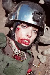 Midjourney generated image using SREF code GlimmerDial: A woman with blood on her face wearing a helmet.