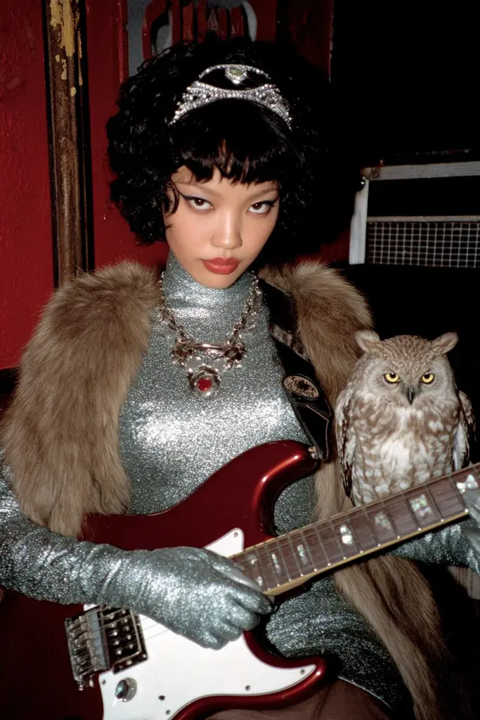 Midjourney generated image using SREF code GlimmerDial: A woman in a silver dress holding a red guitar and an owl.