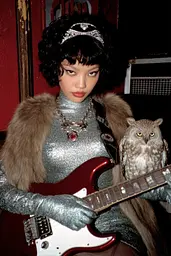 Midjourney generated image using SREF code GlimmerDial: A woman in a silver dress holding a red guitar and an owl.