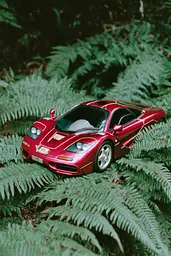 Midjourney generated image using SREF code GlimmerDial: A red toy car sitting in the middle of a forest.