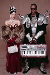 Midjourney generated image using SREF code GlimmerDial: A man and a woman dressed up as a king and queen.