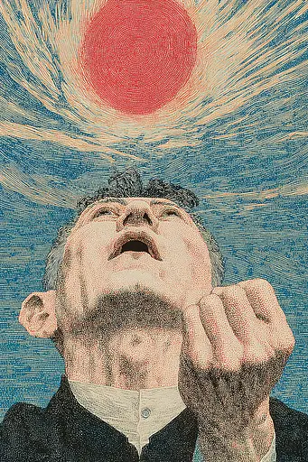 Midjourney generated image using SREF code Wavetwine: A man with his hand on his chin looking up at the sun.