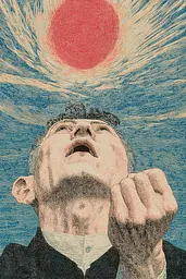 Midjourney generated image using SREF code Wavetwine: A man with his hand on his chin looking up at the sun.
