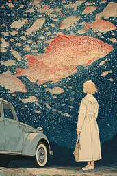 Midjourney generated image using SREF code Wavetwine: A woman standing in front of a car looking at a large fish.