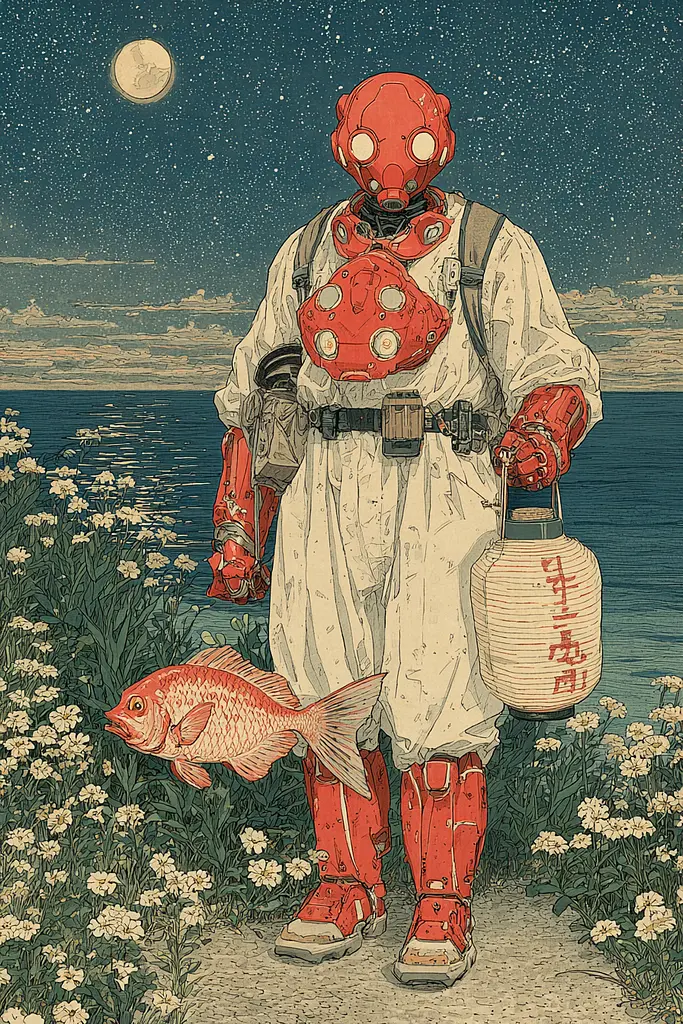 Midjourney generated image using SREF code Wavetwine: A man in a gas mask holding a lantern and a fish.