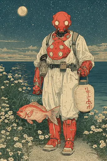 Midjourney generated image using SREF code Wavetwine: A man in a gas mask holding a lantern and a fish.