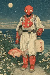Midjourney generated image using SREF code Wavetwine: A man in a gas mask holding a lantern and a fish.