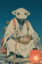 Midjourney generated image using SREF code Wavetwine: A drawing of a sheep sitting on the ground with a basket of food.