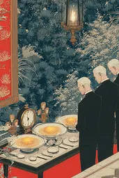 Midjourney generated image using SREF code Wavetwine: A group of men standing around a table with plates of food.