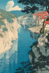Midjourney generated image using SREF code Wavetwine: A painting of a river in the middle of a canyon.