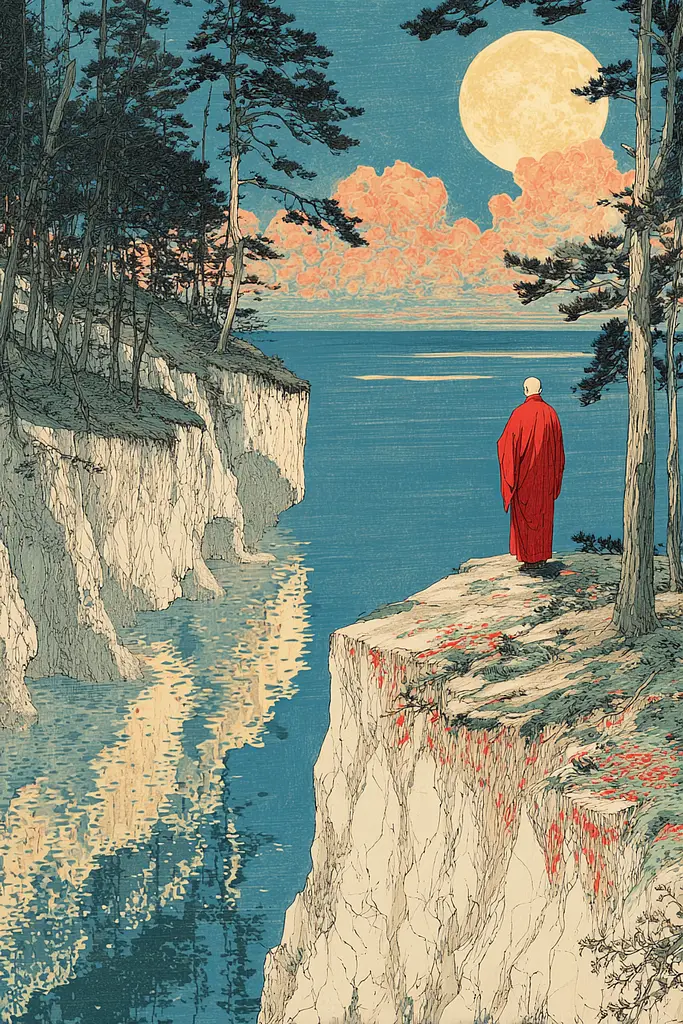 Midjourney generated image using SREF code Wavetwine: A man in a red robe standing on a cliff overlooking a body of water.