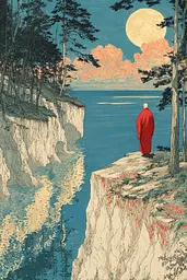 Midjourney generated image using SREF code Wavetwine: A man in a red robe standing on a cliff overlooking a body of water.