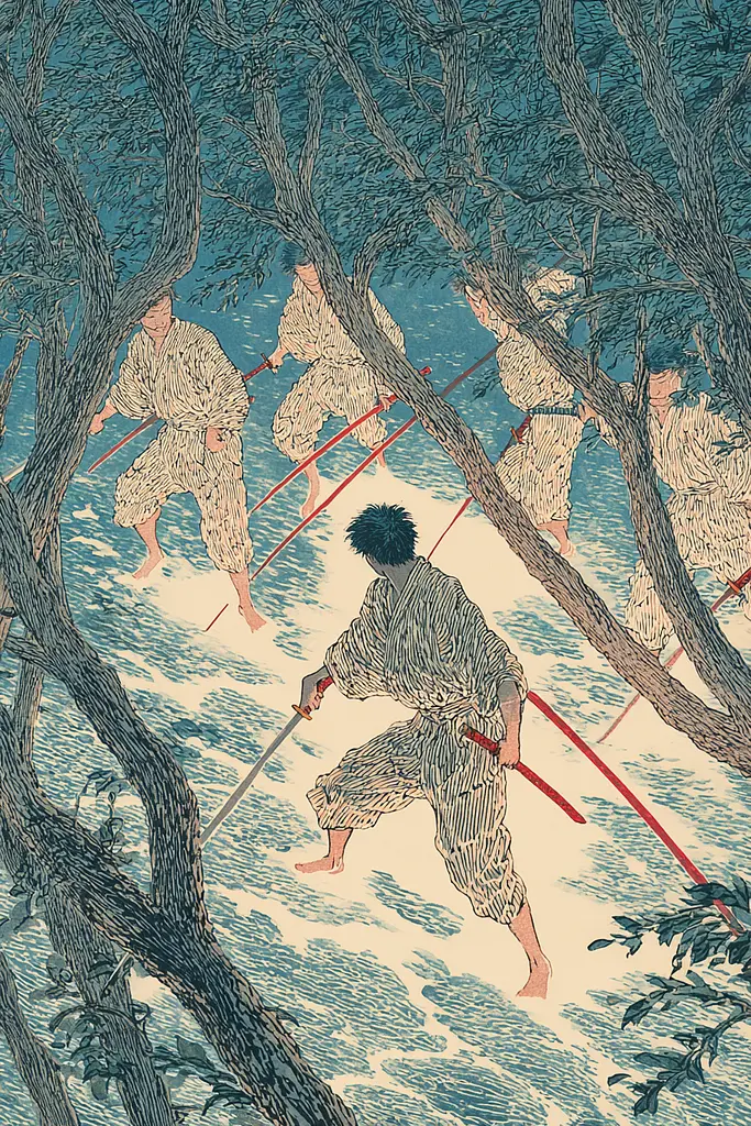 Midjourney generated image using SREF code Wavetwine: A group of people walking through a forest with swords.