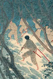 Midjourney generated image using SREF code Wavetwine: A group of people walking through a forest with swords.