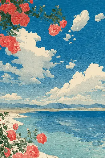 Midjourney generated image using SREF code Wavetwine: A painting of red roses on a branch by the water.
