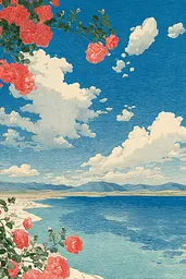 Midjourney generated image using SREF code Wavetwine: A painting of red roses on a branch by the water.