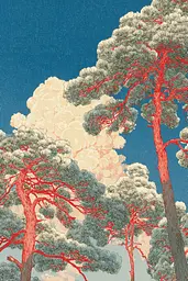 Midjourney generated image using SREF code Wavetwine: A painting of a group of pine trees in front of a cloudy sky.