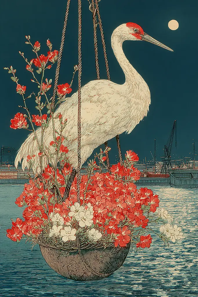 Midjourney generated image using SREF code Wavetwine: A white bird sitting on top of a basket filled with flowers.