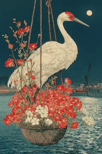 Midjourney generated image using SREF code Wavetwine: A white bird sitting on top of a basket filled with flowers.