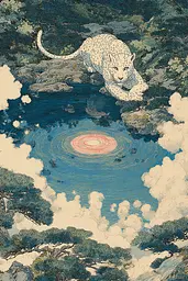 Midjourney generated image using SREF code Wavetwine: A painting of a leopard sitting on top of a rock next to a pond.