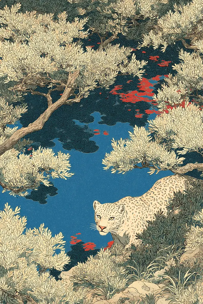 Midjourney generated image using SREF code Wavetwine: A leopard sitting in the middle of a lush green forest.