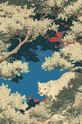Midjourney generated image using SREF code Wavetwine: A leopard sitting in the middle of a lush green forest.