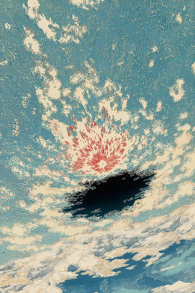 Midjourney generated image using SREF code Wavetwine: A painting of a cloud with a sun in the sky.