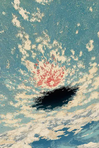 Midjourney generated image using SREF code Wavetwine: A painting of a cloud with a sun in the sky.