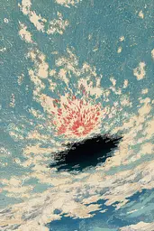 Midjourney generated image using SREF code Wavetwine: A painting of a cloud with a sun in the sky.