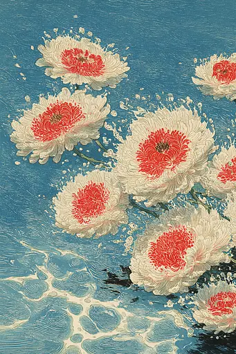 Midjourney generated image using SREF code Wavetwine: A painting of white and red flowers on a blue background.