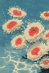 Midjourney generated image using SREF code Wavetwine: A painting of white and red flowers on a blue background.
