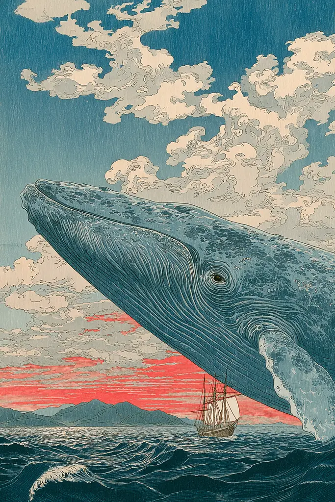 Midjourney generated image using SREF code Wavetwine: A blue whale with a sailboat in the ocean.