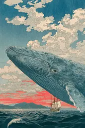Midjourney generated image using SREF code Wavetwine: A blue whale with a sailboat in the ocean.