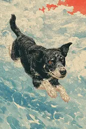 Midjourney generated image using SREF code Wavetwine: A black dog is flying through the air in the sky.